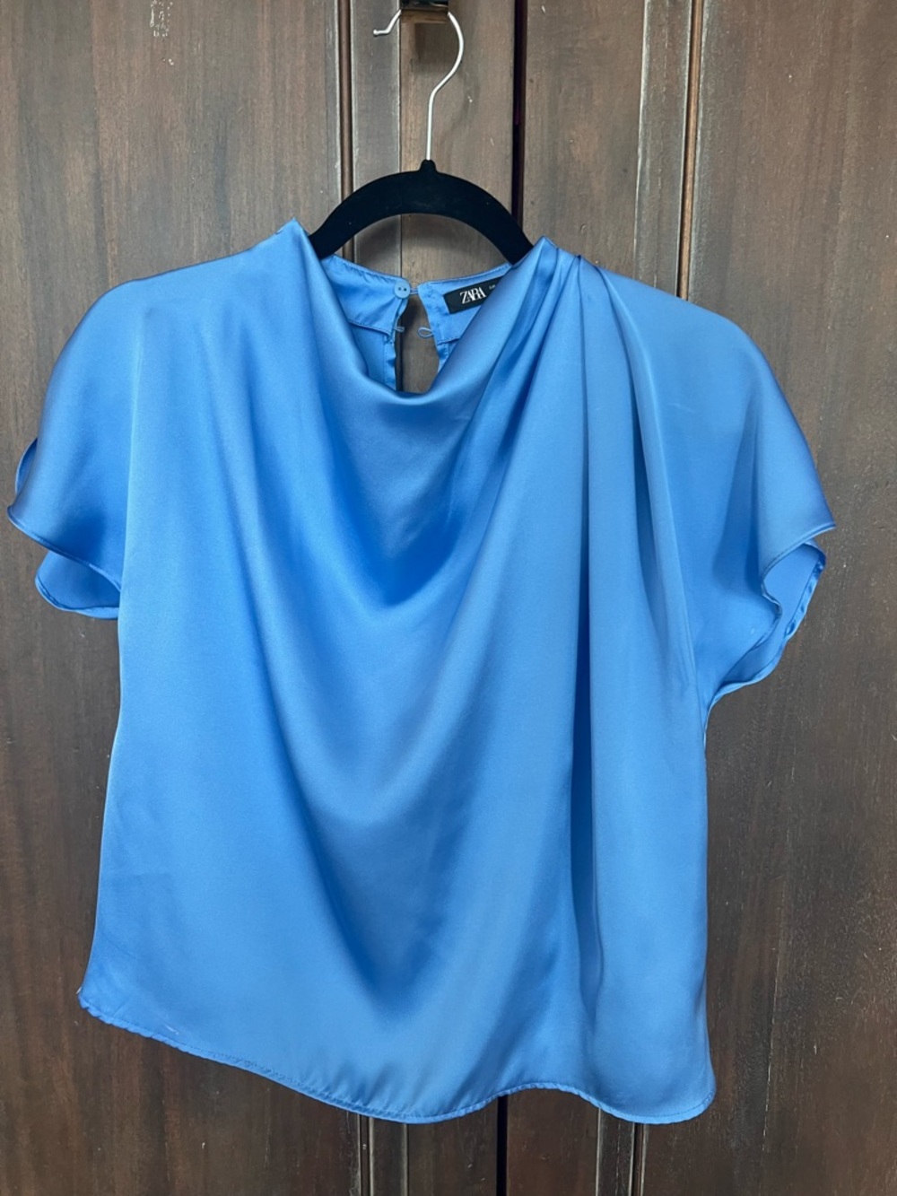 Zara Cerulean Draped Short-Sleeve Satin Blouse